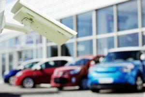 A picture of a car lot with a security camera